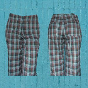 Urban Outfitters Jenny Low Rise Flare Pant; Viridian, Maroon, Sea Foam Plaid